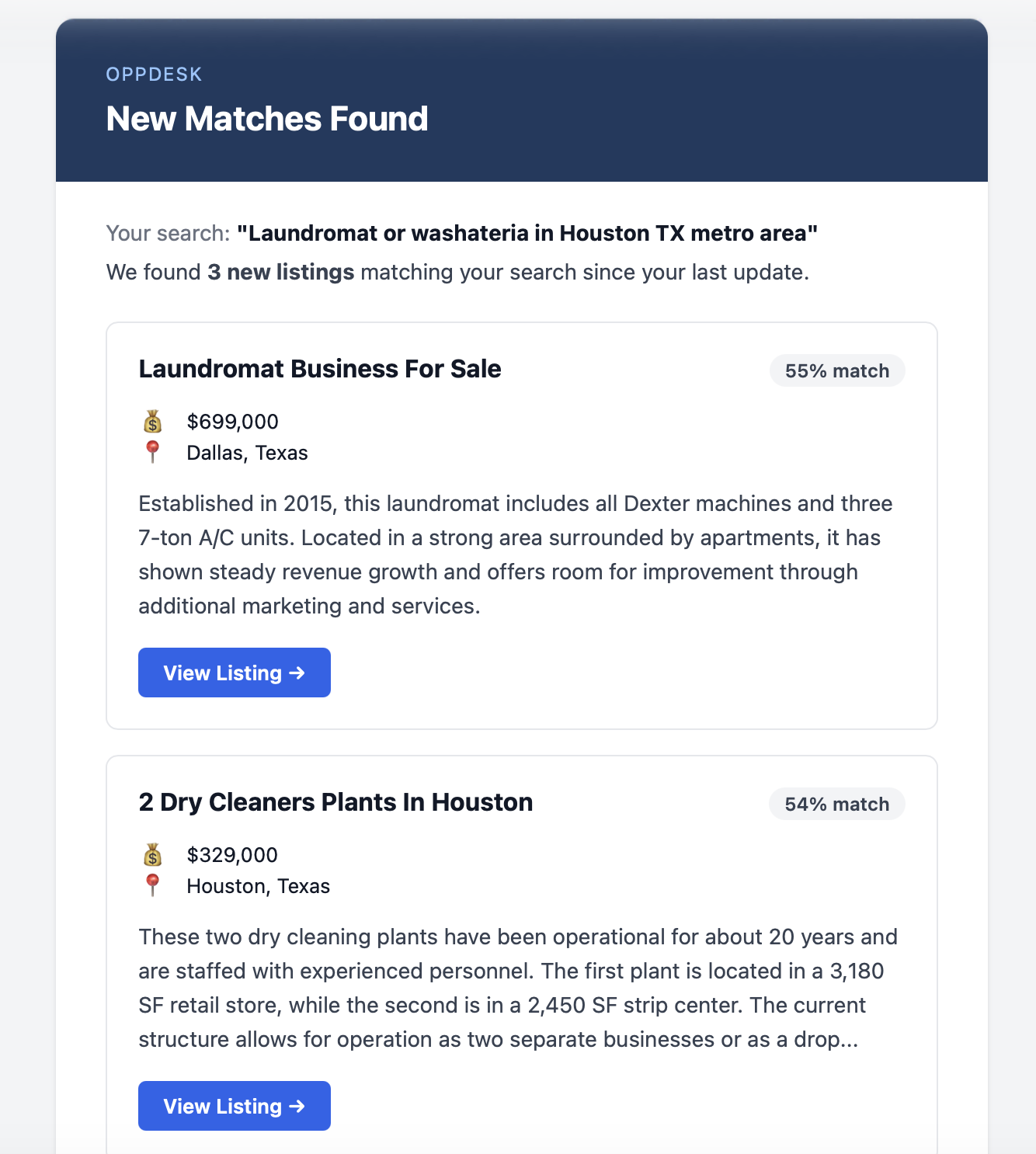 OppDesk email notification showing new matching listings